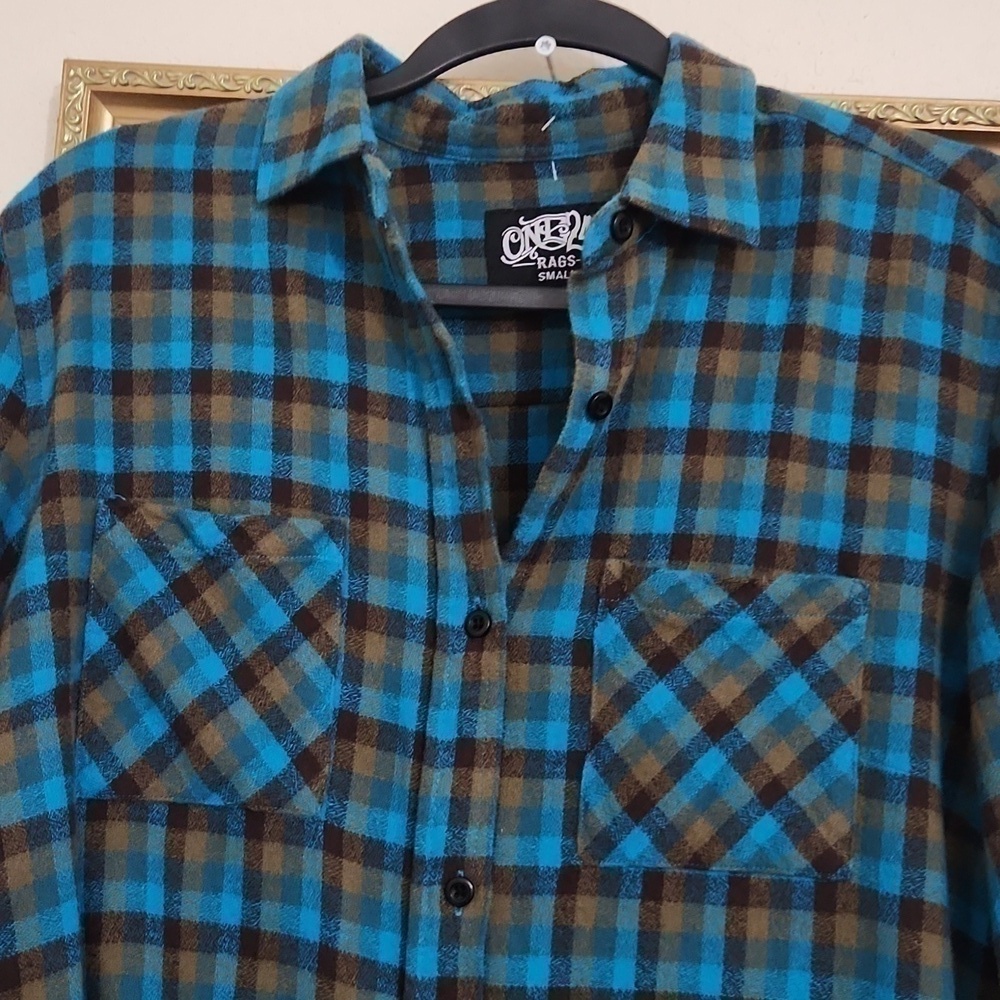 One 24 Rags Flannel Button Down Plaid Shirt Small Raw Hem Oversized Fall - Picture 7 of 12